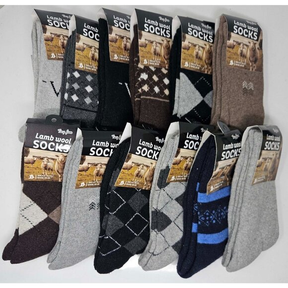 Men Lamb Wool Crew Socks, Size 10-13, 12-Pair Assorted Prints Warm Winter Casual - Picture 1 of 3